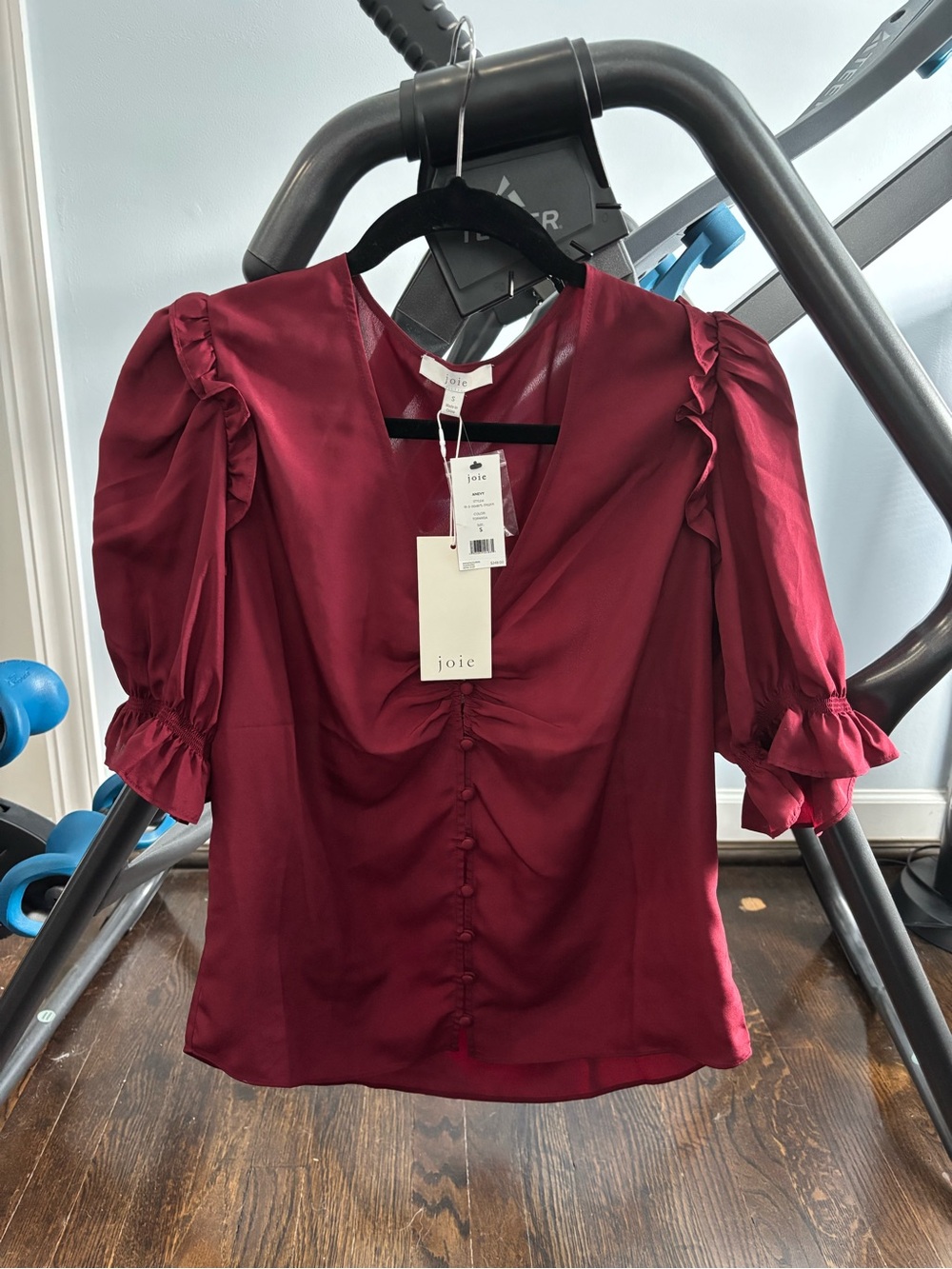 Joie Burgundy Satin V-Neck Blouse with Puff Sleeves